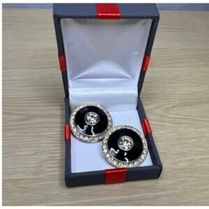 ELLEN DESIGNS Black Enamel & Rhinestone Clip-on Earrings Vintage